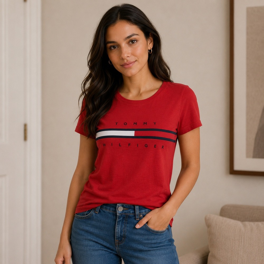 Tommy Hilfiger Womens Relaxed Fit Logo Graphic T-Shirt Red Cotton Large